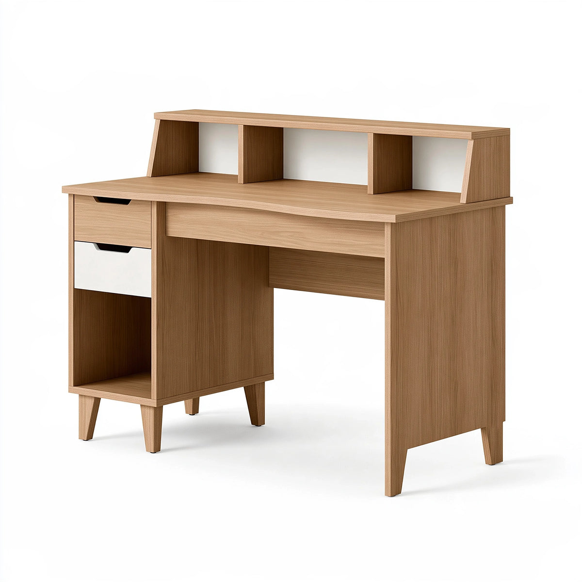 Bureau avec étagère 100 x 50 x 140 cm en panneaux de bois chêne clair et blanc style scandinave avec rangements