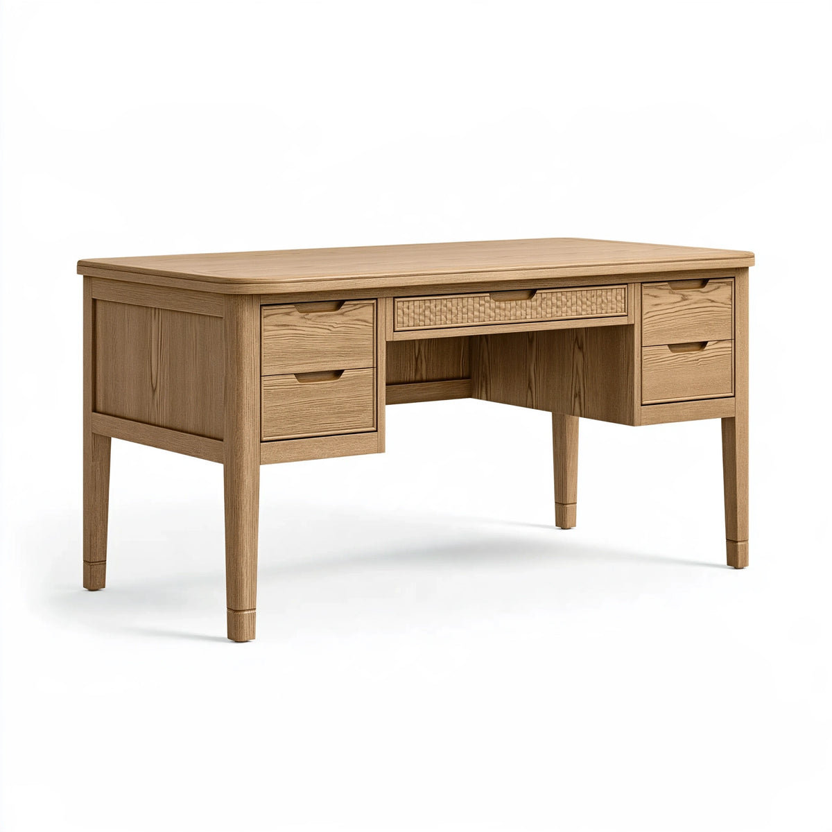 Bureau 150 x 70 x 75 cm en bois chêne clair avec 5 tiroirs style classique